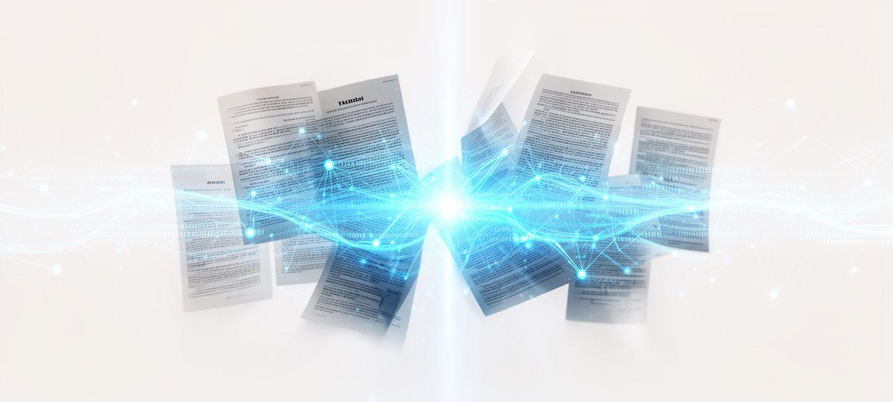 Abstract digital representation of legal documents and interconnected AI nodes